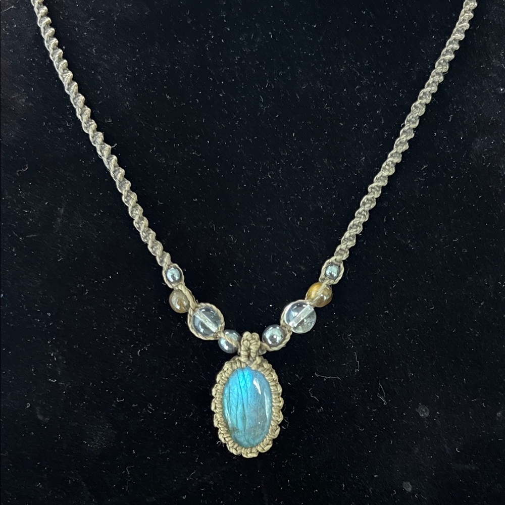 Epic Handcrafted Labradorite Macrame Pendant Necklace in Beige Cord